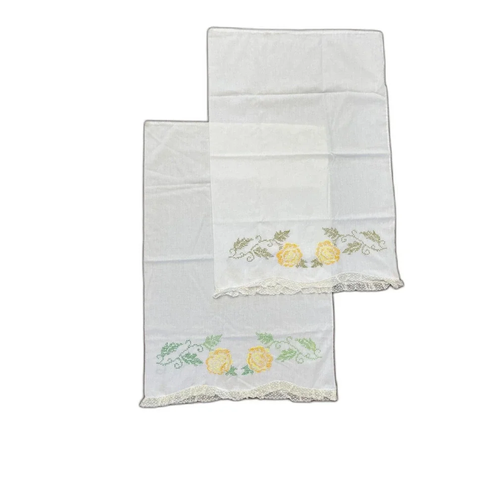 Vintage Embroidery Stitch Yellow Rose Lace Standard Pillow Cases Set Pair Cotton